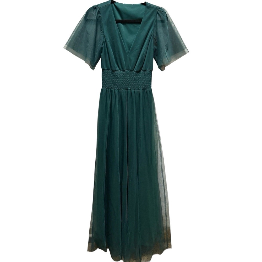 Formal Elegant Maxi Dress Green M Tulle A-Line Short Sleeve‎ Modest Gown Evening